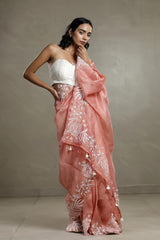 Peach Crushed Tissue Silk Saree with Beads Work