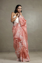 Peach Crushed Tissue Silk Saree with Beads Work