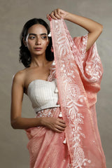 Peach Crushed Tissue Silk Saree with Beads Work