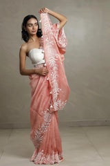 Peach Crushed Tissue Silk Saree with Beads Work
