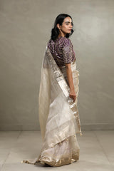 Woman wearing a Tissue silk party wear saree for a wedding and festival look against a plain background