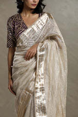 Woman wearing a traditional saree with a plain background