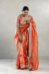 Orange Tissue Silk Saree with Silver Zari Stripes