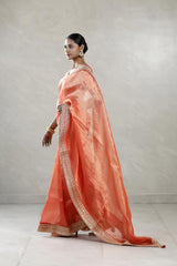 A woman modeling an orange tissue silk saree with silver zari woven stripes, paired with a contrast Banarasi silk semi-stitched blouse piece, giving a regal wedding or festive look