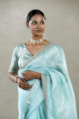 Sky Blue Organza Silk Saree with Silver Zari Stripes