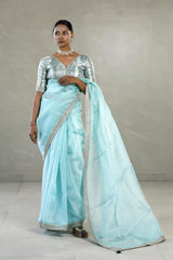 Sky Blue Organza Silk Saree with Silver Zari Stripes