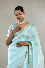Sky Blue Organza Silk Saree with Silver Zari Stripes