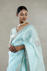 Sky Blue Organza Silk Saree with Silver Zari Stripes