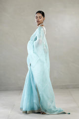 Sky Blue Organza Silk Saree with Silver Zari Stripes