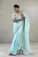 Sky Blue Organza Silk Saree with Silver Zari Stripes