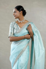 Sky Blue Organza Silk Saree with Silver Zari Stripes
