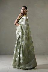 Mint Green Tissue Silk Saree with Silver Zari Circular Motifs