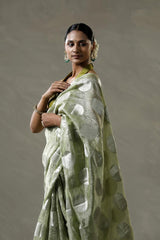 Mint Green Tissue Silk Saree with Silver Zari Circular Motifs