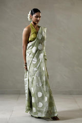Mint Green Tissue Silk Saree with Silver Zari Circular Motifs