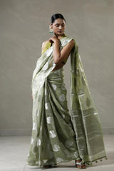 Mint Green Tissue Silk Saree with Silver Zari Circular Motifs