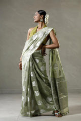 Mint Green Tissue Silk Saree with Silver Zari Circular Motifs