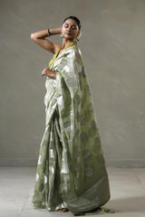 Mint Green Tissue Silk Saree with Silver Zari Circular Motifs