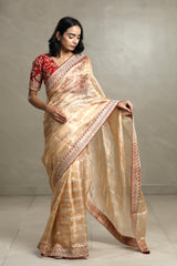 Golden Tissue Silk Saree with Zari Checks and Contrast Blouse