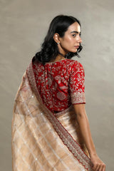 Golden Tissue Silk Saree with Zari Checks and Contrast Blouse