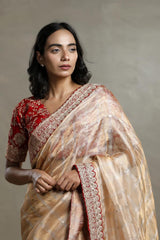 Golden Tissue Silk Saree with Zari Checks and Contrast Blouse