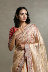 Golden Tissue Silk Saree with Zari Checks and Contrast Blouse
