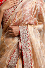 Golden Tissue Silk Saree with Zari Checks and Contrast Blouse