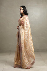 Golden Tissue Silk Saree with Zari Checks and Contrast Blouse