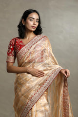 Golden Tissue Silk Saree with Zari Checks and Contrast Blouse