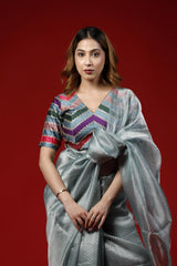 Steel Blue Tissue Silk Party Wear Saree with Brocade Blouse