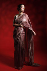 Rust Red Crushed Tissue Silk Party Wear Saree with Embellished Border