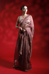 Rust Red Crushed Tissue Silk Party Wear Saree with Embellished Border
