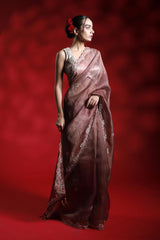 Rust Red Crushed Tissue Silk Party Wear Saree with Embellished Border