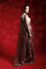 Rust Red Crushed Tissue Silk Party Wear Saree with Embellished Border