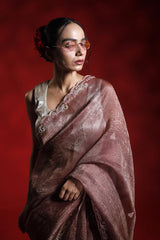 Rust Red Crushed Tissue Silk Party Wear Saree with Embellished Border