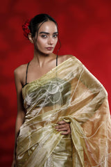 Golden Yellow Tissue Silk Saree with Beads Embellishments