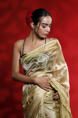 Golden Yellow Tissue Silk Saree with Beads Embellishments