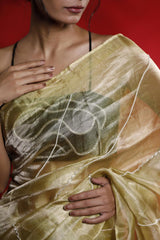 Golden Yellow Tissue Silk Saree with Beads Embellishments