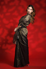 Woman in a black and gold saree against a red background