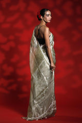 A woman wearing a shiny golden party wear saree with a red background, Tissue Silk Saree