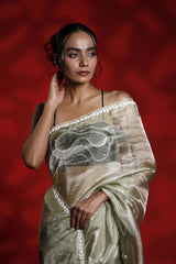 A woman wearing a shiny golden party wear saree with a red background, Tissue Silk Saree