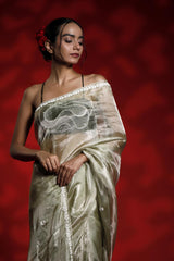 A woman wearing a shiny golden party wear saree with a red background, Tissue Silk Saree