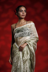 A woman wearing a shiny golden party wear saree with a red background, Tissue Silk Saree