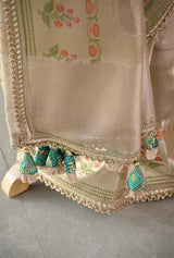 Golden White Tissue Silk Saree with Blue Designer Blouse