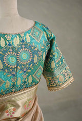 Golden White Tissue Silk Saree with Blue Designer Blouse