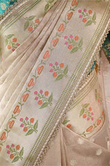 Golden White Tissue Silk Saree with Blue Designer Blouse