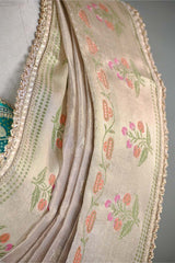 Golden White Tissue Silk Saree with Blue Designer Blouse