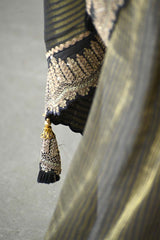 Black Tissue Silk Saree with Gold Zari Stripes