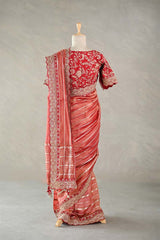 Rust Red Tissue Silk Saree with Silver Zari Stripes and Beads