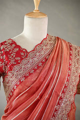 Rust Red Tissue Silk Saree with Silver Zari Stripes and Beads