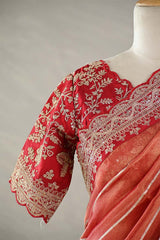 Rust Red Tissue Silk Saree with Silver Zari Stripes and Beads